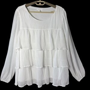 Chic Soul White Tiered Sheer Peasant Blouse 1X Romantic Lined Boho Top